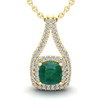 1-1/2 Carat Cushion Shape Emerald Necklaces With Double Halo Diamonds In 14 Karat Yellow Gold, 18 Inch Chain