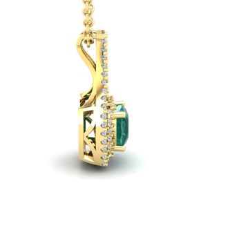 1-1/2 Carat Cushion Shape Emerald Necklaces With Double Halo Diamonds In 14 Karat Yellow Gold, 18 Inch Chain