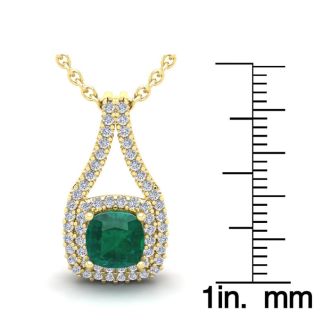 1-1/2 Carat Cushion Shape Emerald Necklaces With Double Halo Diamonds In 14 Karat Yellow Gold, 18 Inch Chain