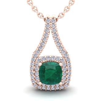 1-1/2 Carat Cushion Shape Emerald Necklaces With Double Halo Diamonds In 14 Karat Rose Gold, 18 Inch Chain