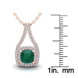 1-1/2 Carat Cushion Shape Emerald Necklaces With Double Halo Diamonds In 14 Karat Rose Gold, 18 Inch Chain