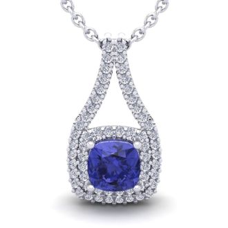 1 1/3 Carat Cushion Cut Tanzanite and Double Halo Diamond Necklace In 14 Karat White Gold, 18 Inches