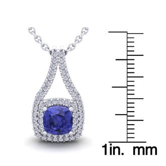 1 1/3 Carat Cushion Cut Tanzanite and Double Halo Diamond Necklace In 14 Karat White Gold, 18 Inches