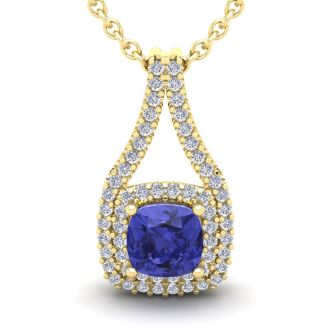 1 1/3 Carat Cushion Cut Tanzanite and Double Halo Diamond Necklace In 14 Karat Yellow Gold, 18 Inches