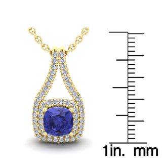 1 1/3 Carat Cushion Cut Tanzanite and Double Halo Diamond Necklace In 14 Karat Yellow Gold, 18 Inches