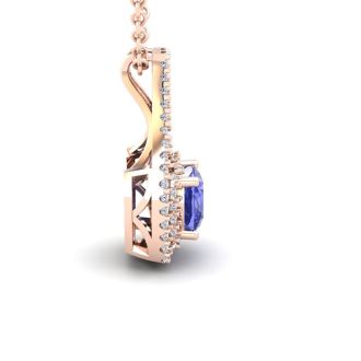 1 1/3 Carat Cushion Cut Tanzanite and Double Halo Diamond Necklace In 14 Karat Rose Gold, 18 Inches