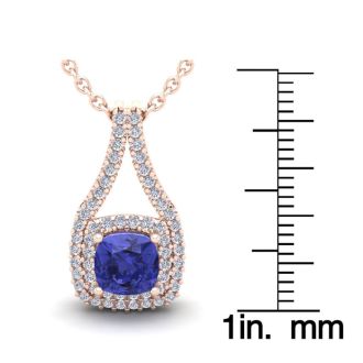 1 1/3 Carat Cushion Cut Tanzanite and Double Halo Diamond Necklace In 14 Karat Rose Gold, 18 Inches