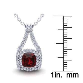 Garnet Necklace: Garnet Jewelry: 1 1/2 Carat Cushion Cut Garnet and Double Halo Diamond Necklace In 14 Karat White Gold, 18 Inches