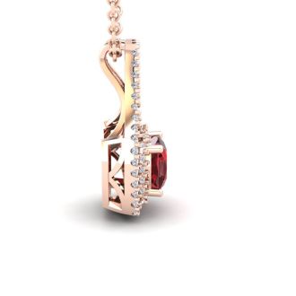Garnet Necklace: Garnet Jewelry: 1 1/2 Carat Cushion Cut Garnet and Double Halo Diamond Necklace In 14 Karat Rose Gold, 18 Inches