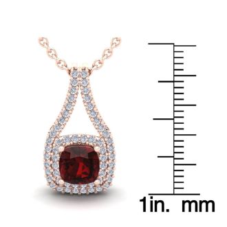 Garnet Necklace: Garnet Jewelry: 1 1/2 Carat Cushion Cut Garnet and Double Halo Diamond Necklace In 14 Karat Rose Gold, 18 Inches