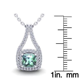 1 Carat Cushion Cut Green Amethyst and Double Halo Diamond Necklace In 14 Karat White Gold, 18 Inches