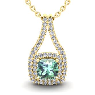 1 Carat Cushion Cut Green Amethyst and Double Halo Diamond Necklace In 14 Karat Yellow Gold, 18 Inches