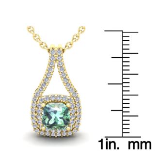 1 Carat Cushion Cut Green Amethyst and Double Halo Diamond Necklace In 14 Karat Yellow Gold, 18 Inches