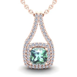 1 Carat Cushion Cut Green Amethyst and Double Halo Diamond Necklace In 14 Karat Rose Gold, 18 Inches
