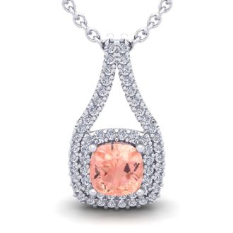 1-1/4 Carat Cushion Shape Morganite Necklace and Double Diamond Halo In 14 Karat White Gold With 18 Inch Chain