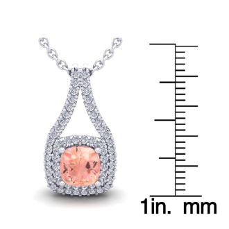 1-1/4 Carat Cushion Shape Morganite Necklace and Double Diamond Halo In 14 Karat White Gold With 18 Inch Chain