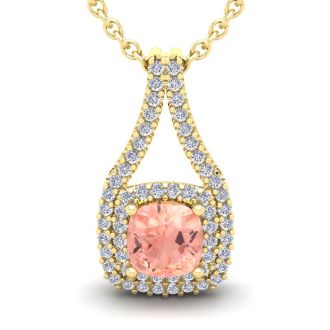1-1/4 Carat Cushion Shape Morganite Necklace and Double Diamond Halo In 14 Karat Yellow Gold With 18 Inch Chain