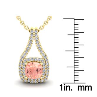 1-1/4 Carat Cushion Shape Morganite Necklace and Double Diamond Halo In 14 Karat Yellow Gold With 18 Inch Chain