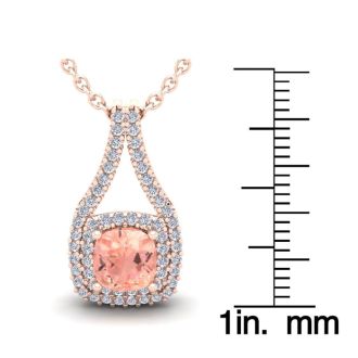 1-1/4 Carat Cushion Shape Morganite Necklace and Double Diamond Halo In 14 Karat Rose Gold With 18 Inch Chain