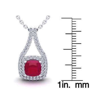 1 2/3 Carat Cushion Cut Ruby and Double Halo Diamond Necklace In 14 Karat White Gold, 18 Inches