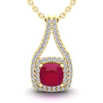 1 2/3 Carat Cushion Cut Ruby and Double Halo Diamond Necklace In 14 Karat Yellow Gold, 18 Inches