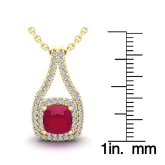 1 2/3 Carat Cushion Cut Ruby and Double Halo Diamond Necklace In 14 Karat Yellow Gold, 18 Inches