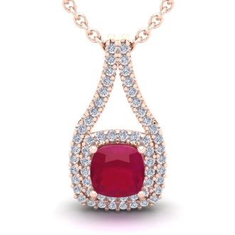 1 2/3 Carat Cushion Cut Ruby and Double Halo Diamond Necklace In 14 Karat Rose Gold, 18 Inches