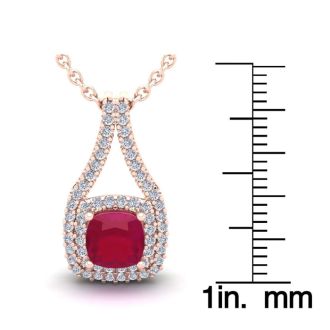 1 2/3 Carat Cushion Cut Ruby and Double Halo Diamond Necklace In 14 Karat Rose Gold, 18 Inches