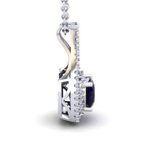 1 1/3 Carat Cushion Cut Sapphire and Double Halo Diamond Necklace In 14 Karat White Gold, 18 Inches