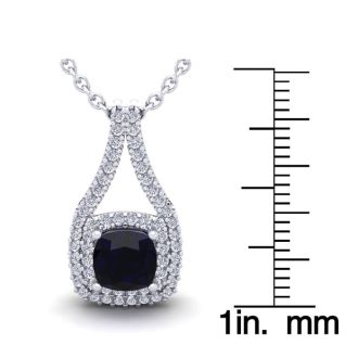 1 1/3 Carat Cushion Cut Sapphire and Double Halo Diamond Necklace In 14 Karat White Gold, 18 Inches