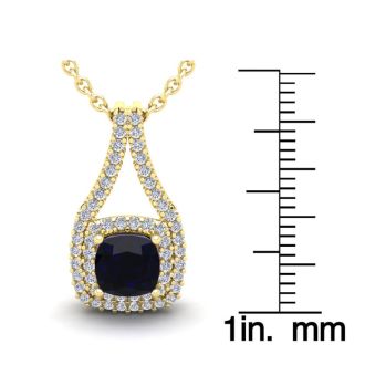 1 1/3 Carat Cushion Cut Sapphire and Double Halo Diamond Necklace In 14 Karat Yellow Gold, 18 Inches