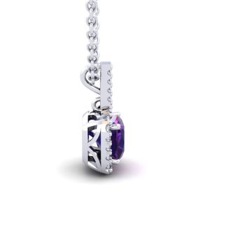 2 1/2 Carat Cushion Cut Amethyst and Halo Diamond Necklace In 14 Karat White Gold, 18 Inches