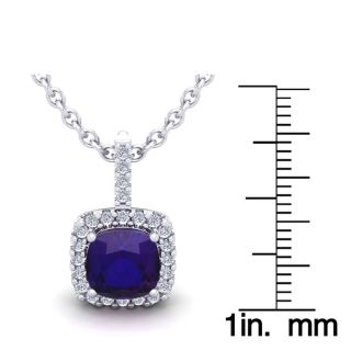 2 1/2 Carat Cushion Cut Amethyst and Halo Diamond Necklace In 14 Karat White Gold, 18 Inches