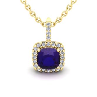 2 1/2 Carat Cushion Cut Amethyst and Halo Diamond Necklace In 14 Karat Yellow Gold, 18 Inches