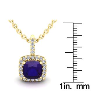 2 1/2 Carat Cushion Cut Amethyst and Halo Diamond Necklace In 14 Karat Yellow Gold, 18 Inches