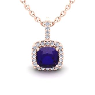 2 1/2 Carat Cushion Cut Amethyst and Halo Diamond Necklace In 14 Karat Rose Gold, 18 Inches