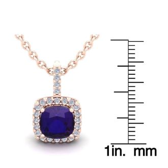 2 1/2 Carat Cushion Cut Amethyst and Halo Diamond Necklace In 14 Karat Rose Gold, 18 Inches