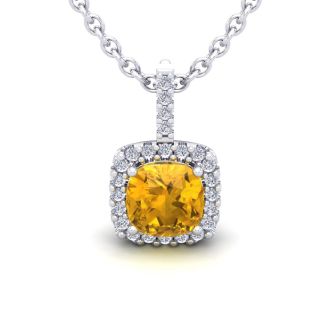 2 1/2 Carat Cushion Cut Citrine and Halo Diamond Necklace In 14 Karat White Gold, 18 Inches