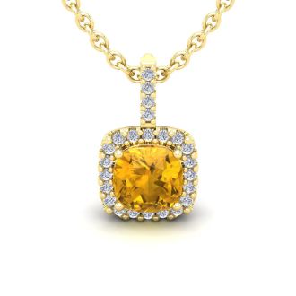2 1/2 Carat Cushion Cut Citrine and Halo Diamond Necklace In 14 Karat Yellow Gold, 18 Inches