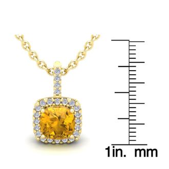 2 1/2 Carat Cushion Cut Citrine and Halo Diamond Necklace In 14 Karat Yellow Gold, 18 Inches