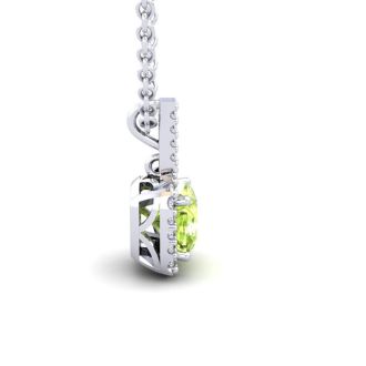 3 Carat Cushion Cut Peridot and Halo Diamond Necklace In 14 Karat White Gold, 18 Inches