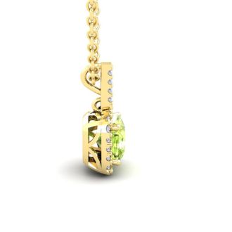 3 Carat Cushion Cut Peridot and Halo Diamond Necklace In 14 Karat Yellow Gold, 18 Inches