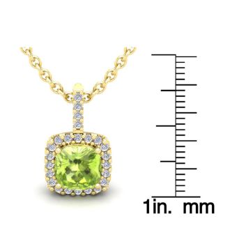 3 Carat Cushion Cut Peridot and Halo Diamond Necklace In 14 Karat Yellow Gold, 18 Inches