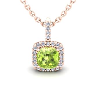 3 Carat Cushion Cut Peridot and Halo Diamond Necklace In 14 Karat Rose Gold, 18 Inches