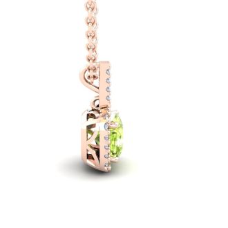 3 Carat Cushion Cut Peridot and Halo Diamond Necklace In 14 Karat Rose Gold, 18 Inches