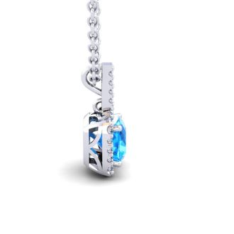 3 Carat Cushion Cut Blue Topaz and Halo Diamond Necklace In 14 Karat White Gold, 18 Inches