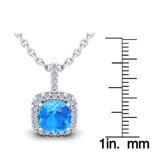3 Carat Cushion Cut Blue Topaz and Halo Diamond Necklace In 14 Karat White Gold, 18 Inches