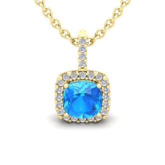 3 Carat Cushion Cut Blue Topaz and Halo Diamond Necklace In 14 Karat Yellow Gold, 18 Inches