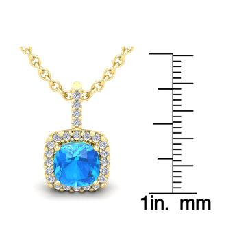 3 Carat Cushion Cut Blue Topaz and Halo Diamond Necklace In 14 Karat Yellow Gold, 18 Inches