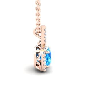 3 Carat Cushion Cut Blue Topaz and Halo Diamond Necklace In 14 Karat Rose Gold, 18 Inches